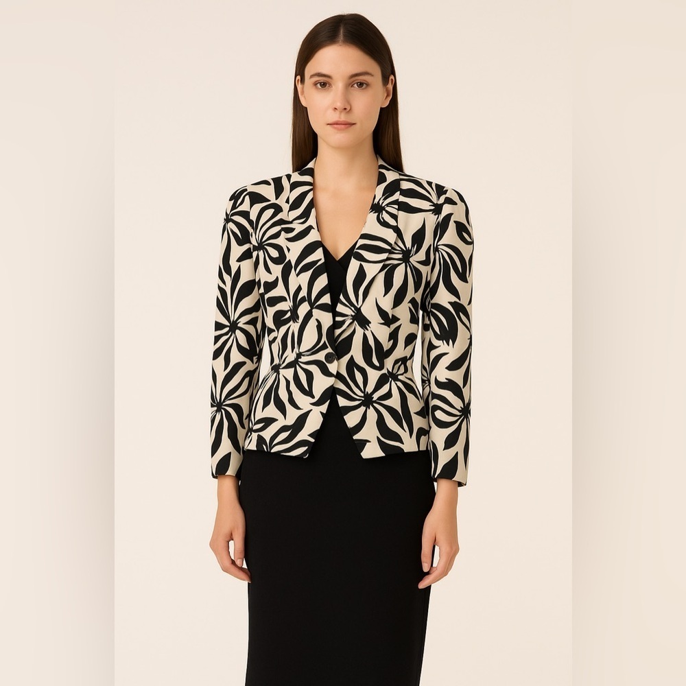Vintage 80s 100% Silk Skirt Suit Set Black & White Floral Size 12 Korean Made